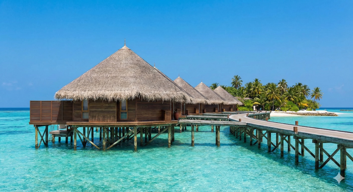 Overwater villas on clear lagoon